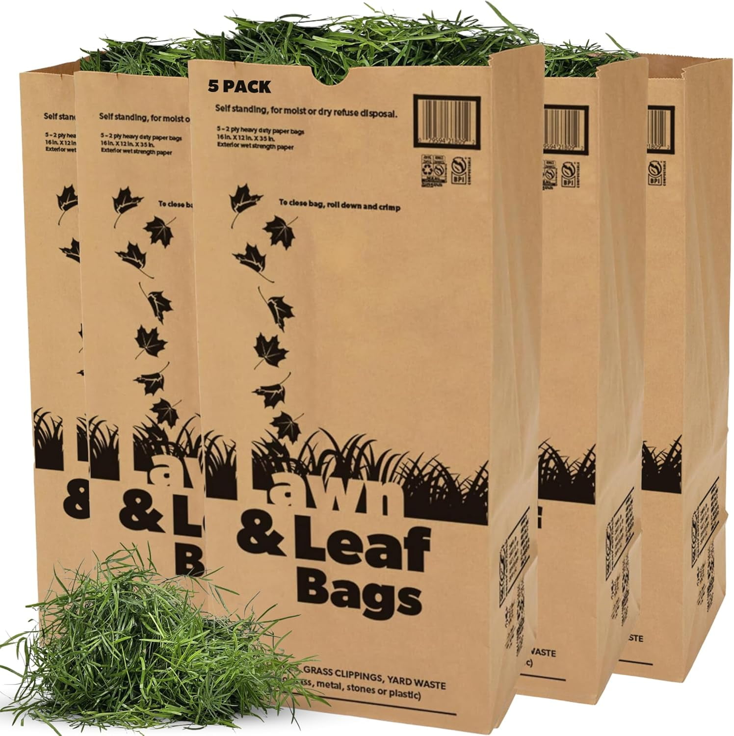 Large 30 Gallon Lawn and Leaf Bags Brown Paper, 2Ply Lawn Bags Brown