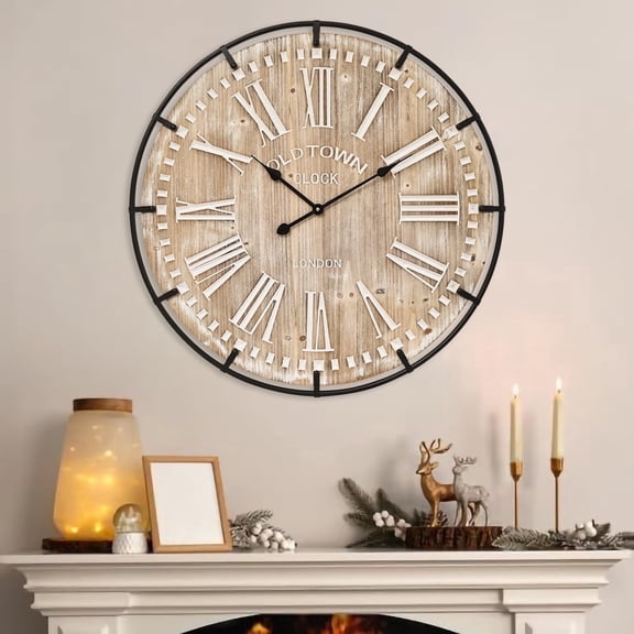 Large 30 Inch Farmhouse Wall Clock - Silent Non-Ticking Rustic Wood and Metal Wall Decor for Living Room, Kitchen, Office (Battery Operated)