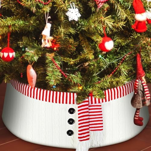 Large 30 Inch Snowman  Collar Red and White Sweater  Skirt Tree Ring Adjustable Xmas Tree Base Cover for Artificial Trees Christmas Decoration