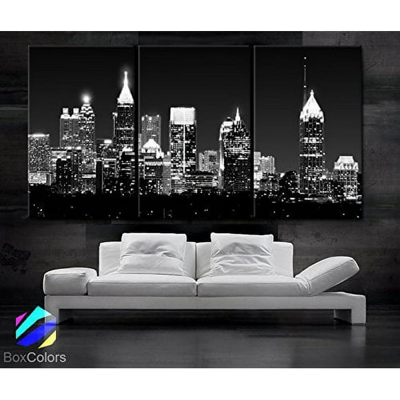 Large 30"x 60" 3 Panels 30"x20" Ea Art Canvas Print Beautiful Atlanta Skyline Light Buildings Wall Home (Included Framed 1.5" Depth)