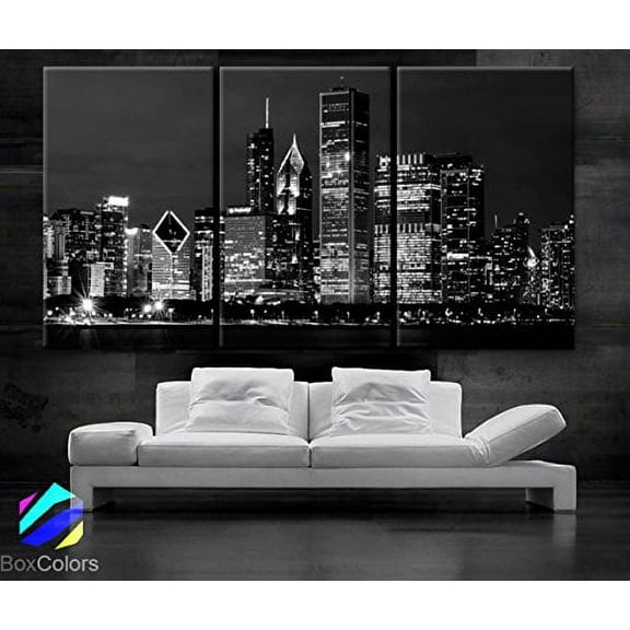Large 30"x 60" 3 Panels 30"x20" Ea Art Canvas Print Beautiful Chicago Skyline At Night Light Buildings Wall Home (Included Framed 1.5" Depth)