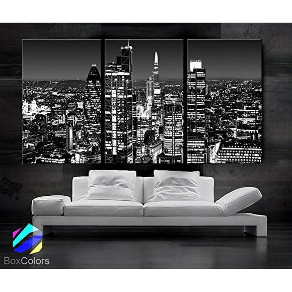 Large 30"x 60" 3 Panels 30"x20" Ea Art Canvas Print Beautiful London Skyline Lights Night Black & White Wall Home (Included Framed 1.5" Depth)