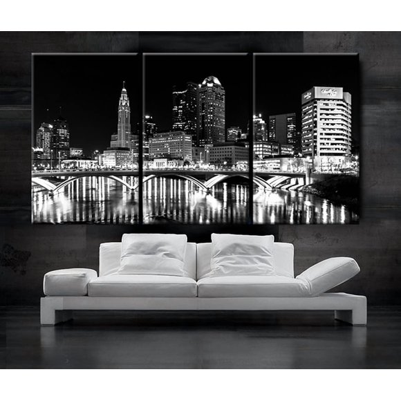 Large 30"x 60" 3 Panels 30"x20" Ea Art Canvas Print Columbus Ohio Skyline Night Downtown Black & White Wall Home Decor Interior (Framed 1.5" Depth)