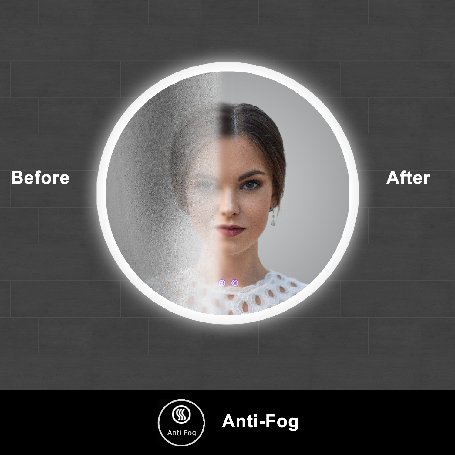 Large 32 x 32 Inch Frameless LED Illuminated Bathroom Mirror in Silver