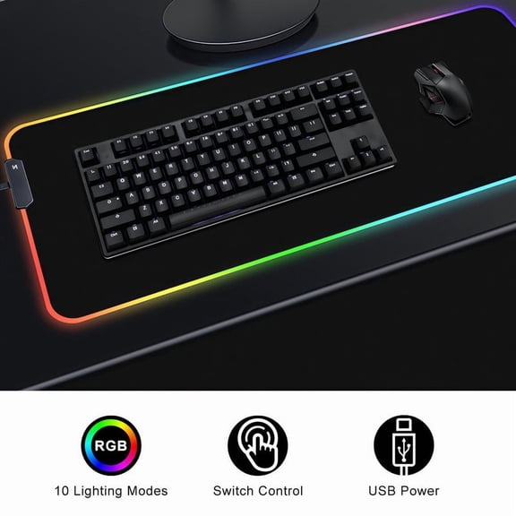 Large 32x12 Inch LED Gaming Mouse Pad Extended RGB Desk Mat with 12 Lighting Modes, USB Powered, Non-Slip Base & Extra USB Port, Black