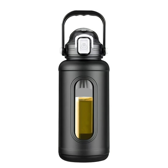 Large 34 oz (1000 mL) Glass Water Bottle, Shatter-Resistant Design, with Silicone Sleeve, Black, Dual-Purpose Straw and Spout, Ideal for Outdoor Adventures