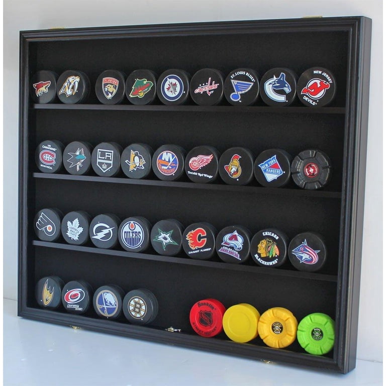 hockey card and puck display case 20 Cabinet Holder Wall Rack 98% UV Protection Also Fits Pucks in Square Plastic Case (Black Finish) : Sports & Outdoors designed to fit one puck and one standard size trading card 40 Hockey Puck Display Case