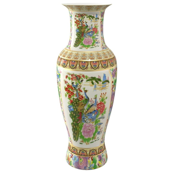 Large 36" Satsuma Birds & Flowers Porcelain Tung Chi Vase