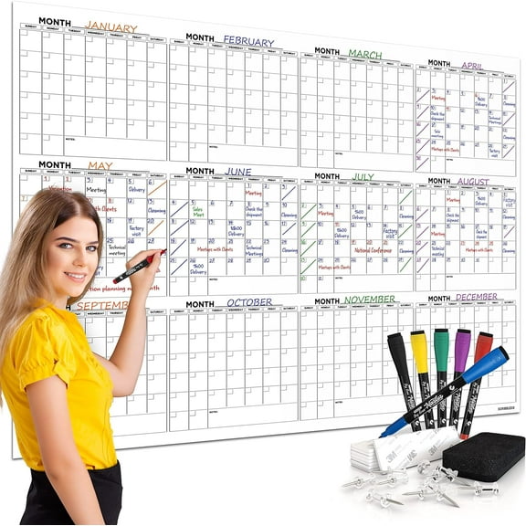 Large 36"x48" White Board Calendar Dry Erase Calendar for Wall 12 Month Planner Board Big Dry Erase Wall Calendar Monthly Large Wall Calendar Includes 6 Markers Eraser Push Pins & Mounting Tape