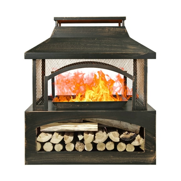 Large 37-Inch Rectangular Metal Outdoor Wood Burning Fireplace - Outdoor Fireplace with Built-in Log Storage and Poker-Brushed Bronze,Log Burner Fire Pit for Patio Garden And Backyard