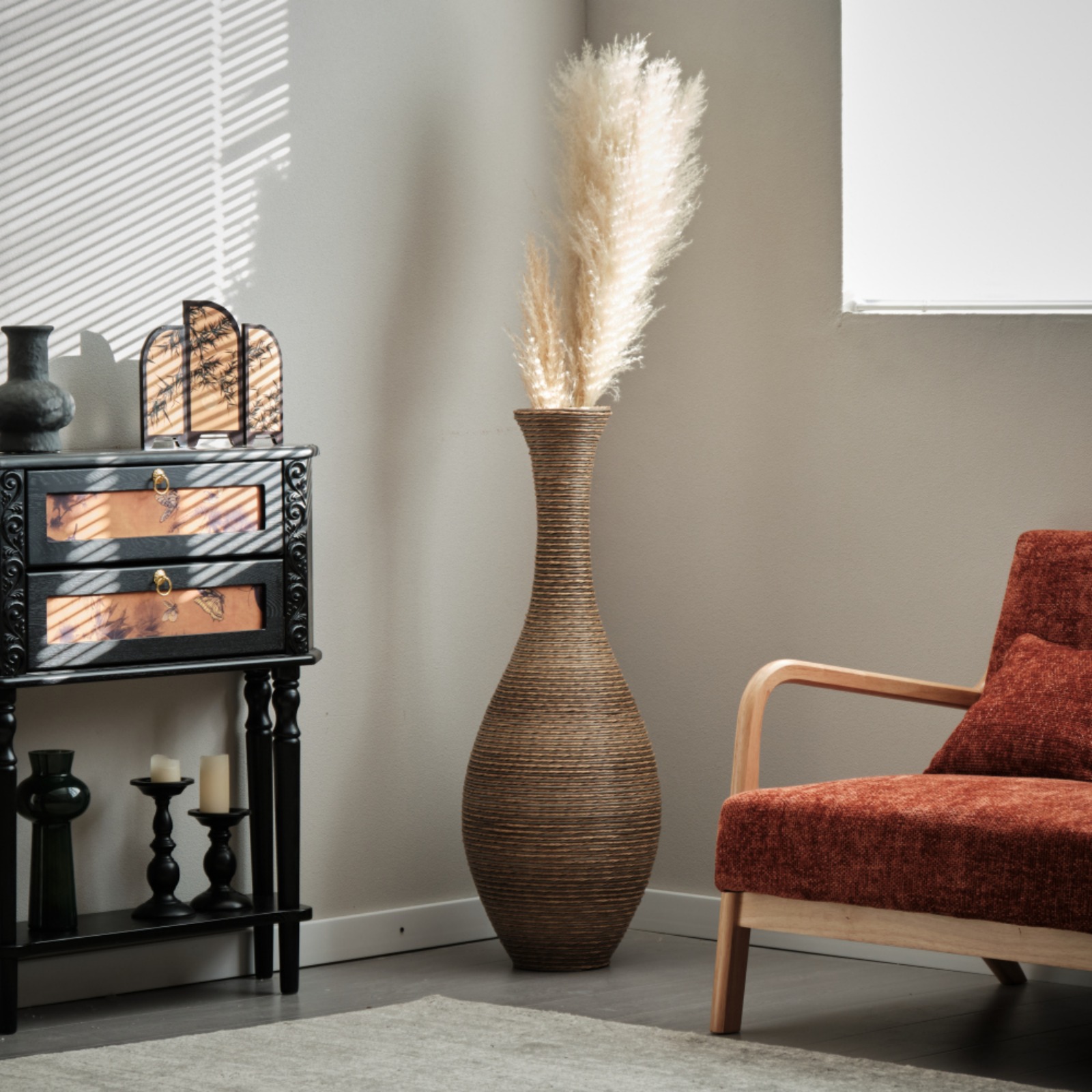 Large 39in Beige Artificial Rattan Floor Vase Farmhouse Home Decor