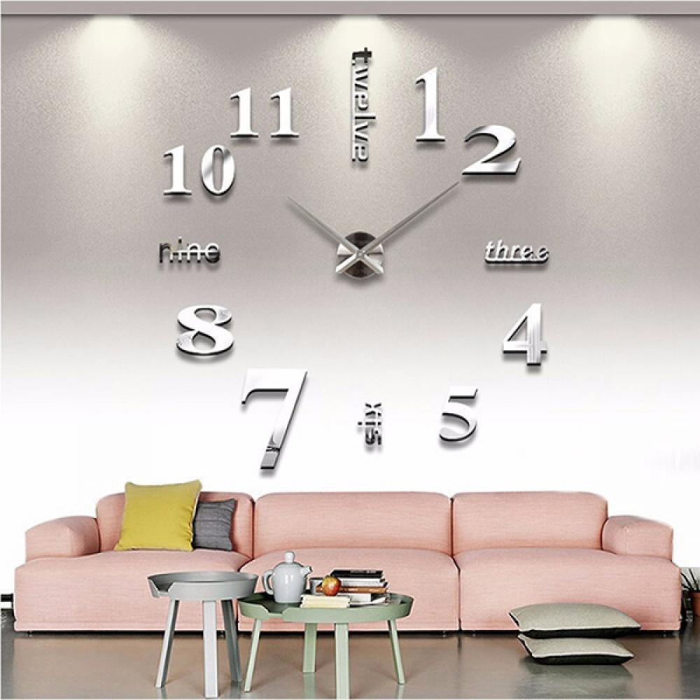 Large 3D DIY Wall Clock, Giant Numerals Clock Frameless Mirror Big Wall
