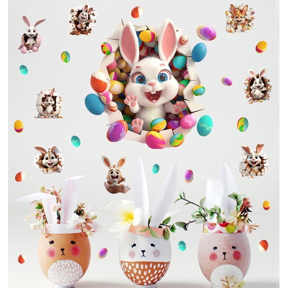 Large 3D Easter Bunny Wall Stickers,Lovely Rabbit with Easter Eggs Vinyl Wall Decals, Removable Colorful Easter Bunny Crack Hole Wall Art for Spring Holiday Kids Bedroom Playroom Decor