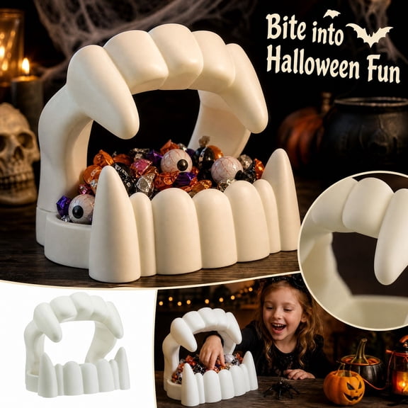 Large 3D Printed Vampire Teeth Candy Bowl, Halloween Horror Decor & Snack Holder, 20cm Spooky Fangs Centerpiece for Party Haunted House Trick or Treat Table Display