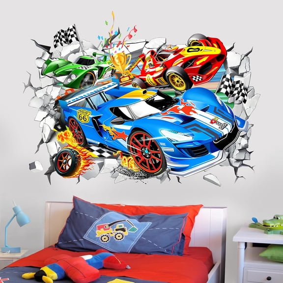 Large 3D Racing Car Wall Stickers Vehicles Break Through Peel and Stick Wall Art Decals for Boys Room Kids Bedroom Playroom