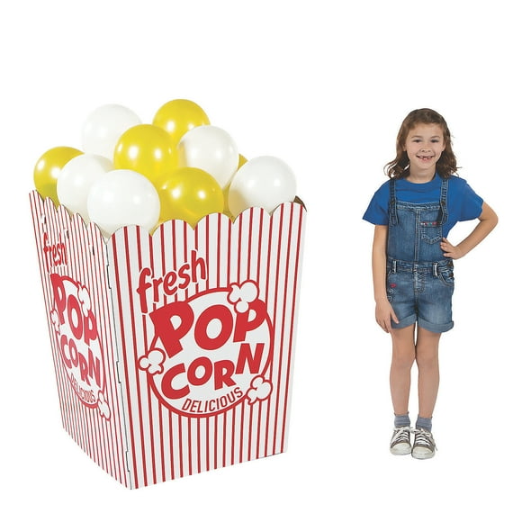 Large 3D Retro Popcorn Box Stand Up, 12 White & 12 Yellow Balloons Included, Birthday, Carnival, Party Decorations, 38" Tall