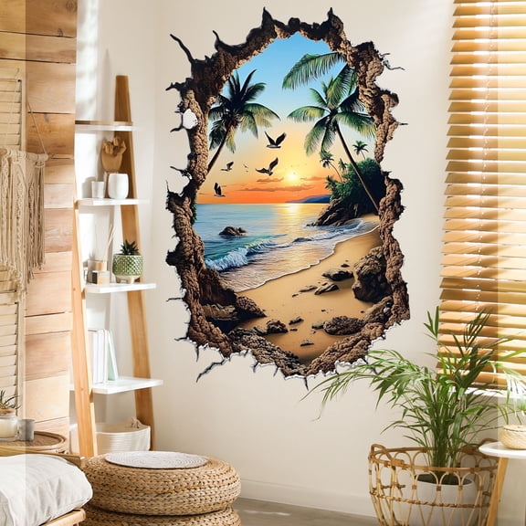 Large 3D Sunset Sunrise Wall Stickers, Wall Breaking Sunset Scenery Wall Sticker Decoration, Palm Tree Seaside Wall Decals Beach Landscape Vinyl Art Murals Living Room Bedroom Art Home