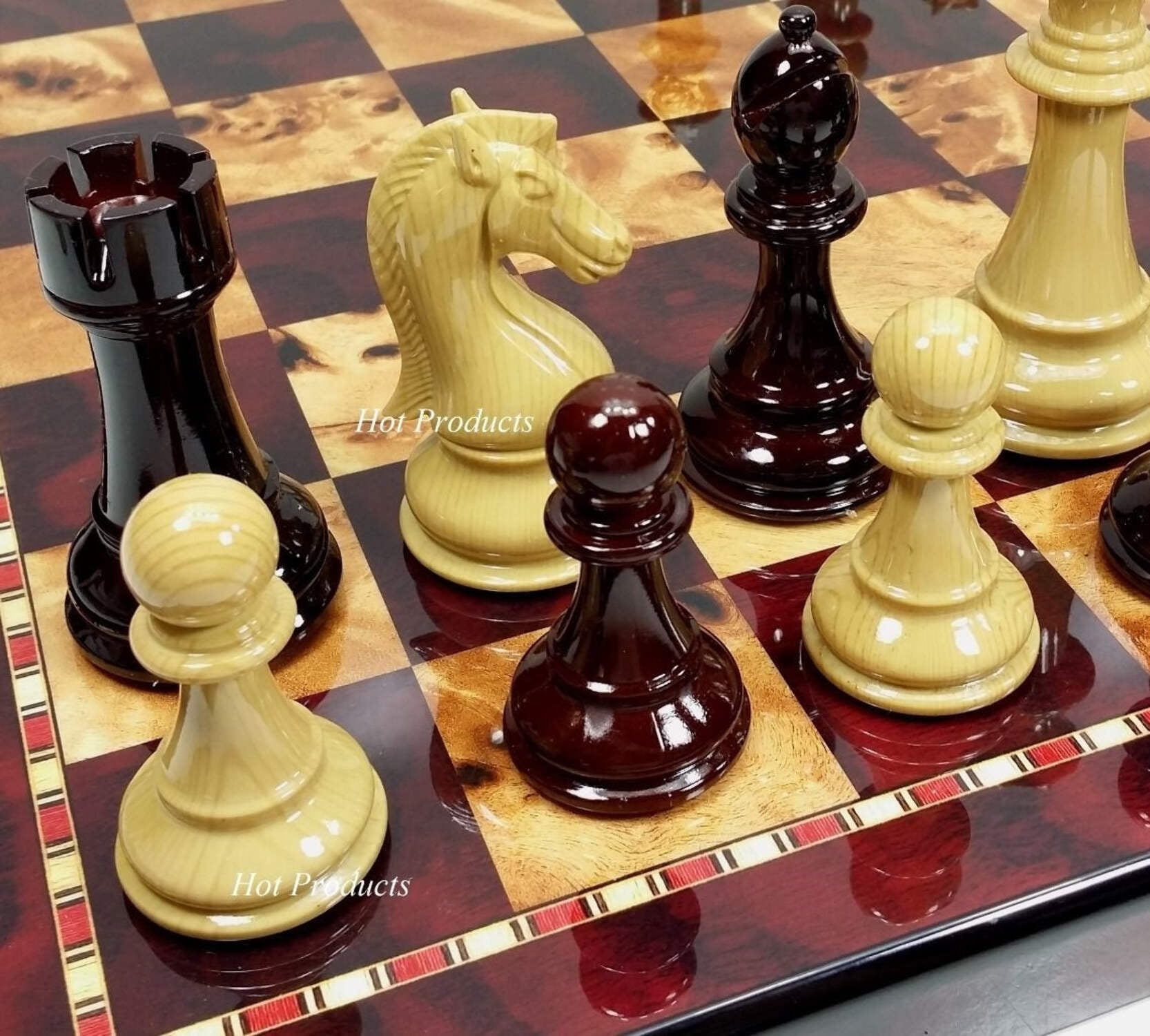4 Q Staunton MODERN BERLINER Wood Chess Set 18" Black White Faux Leather Board