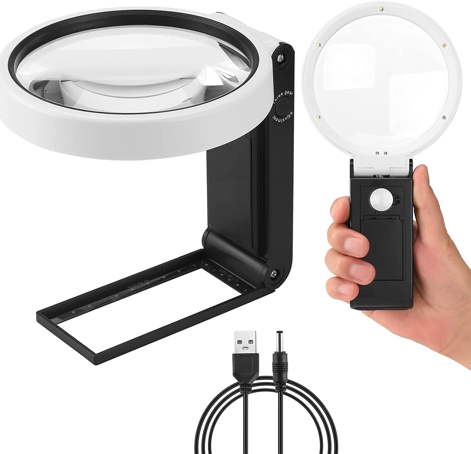 Magnifying Glass 15X 35X with Light and Stand, Handheld Standing LED Illuminated Magnifier, Folding Reading Magnifying Glass with for Seniors Read