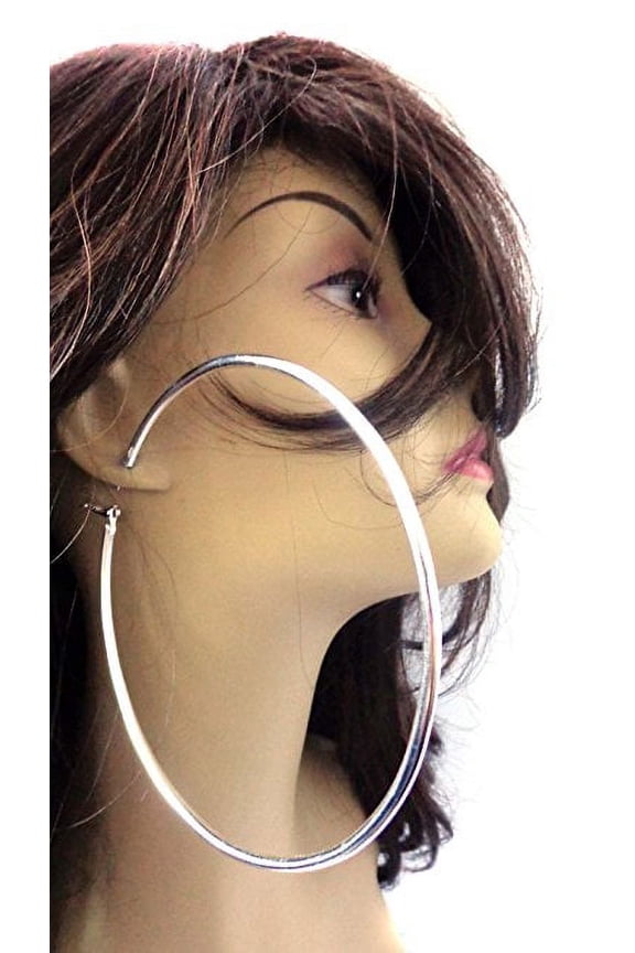 Large 4.5 inch Hoop Earrings Rhodium Silver Round Hoops