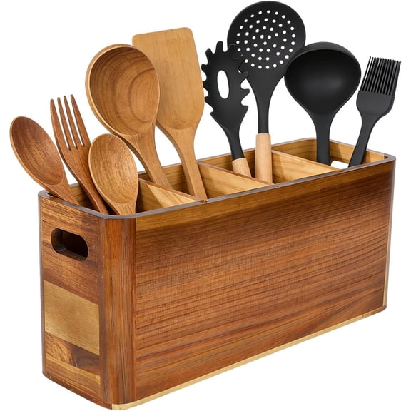 Large 4-Compartment Acacia Wooden Utensil Holder, Rustic Kitchen Counter Organizer, Extra Large Wood Storage Container for Cooking Utensils and Silverware