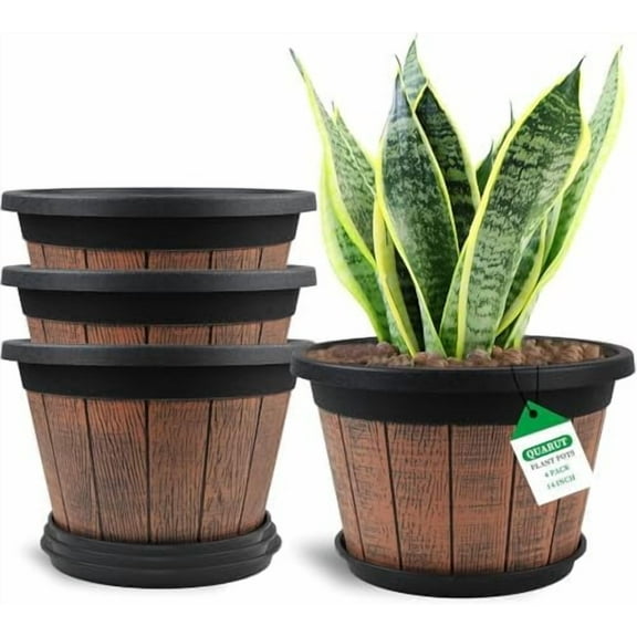Large 4 Pack 14 inch Plant Pots,Whiskey Barrel Planters with Drainage Holes & Saucer,Plastic Decoration Flower Pots Retro Design,Planters for Outdoor Indoor Garden Balcony Plants (Brown)
