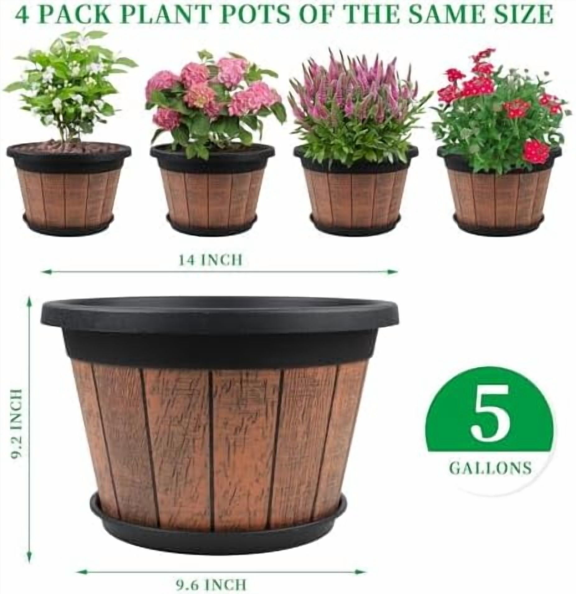 Large 4 Pack 14 inch Plant Pots,Whiskey Barrel Planters with Drainage ...