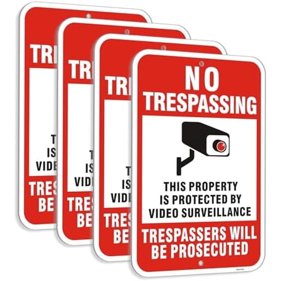 Large (4 Pack) 18x12 Inch No Trespassing Video Surveillance Sign, Security for Home and Business, Reflective, Metal, Aluminum, Outdoor Weatherproof, Easy to Install$$Other