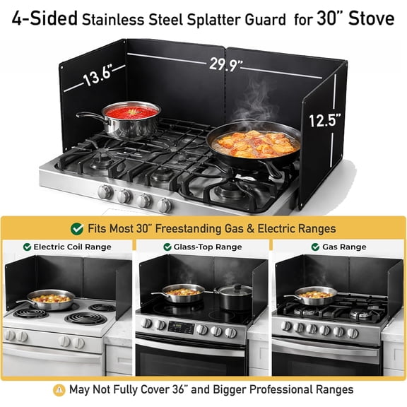 Large 4-Sided Grease Splatter Guard for Stove Top by – Foldable Heavy-Duty Stainless Steel Oil Splash Shield with Spoon – Black Nonstick Stove Guard, 29.5" Wide Back Panel, 13.6" Deep