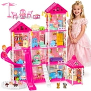 Large 4-Story DIY Dollhouse for Girls - Little Girl Dream House with Furniture, Animal Play Area & 2 Princess Slides, Creative Construction Building Toy Gift for Birthday Christmas