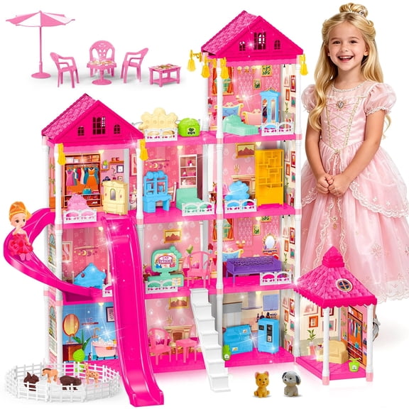 Large 4-Story DIY Dollhouse for Girls - Little Girl Dream House with Furniture, Animal Play Area & 2 Princess Slides, Creative Construction Building Toy Gift for Birthday Christmas
