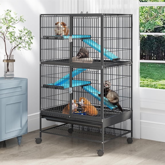 Large 4-Tier Critter Nation Cage for Ferrets Chinchillas Guinea Pigs Rats Rabbits Indoor Habitat with Secure Lock and Skylight, Black