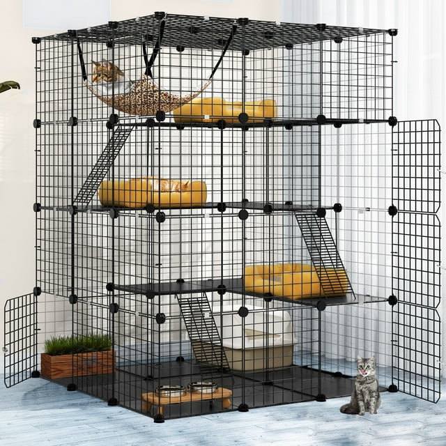 Large 4 Tiers Metal Cat Cage Indoor DIY Kennel with Storage Cube and ...