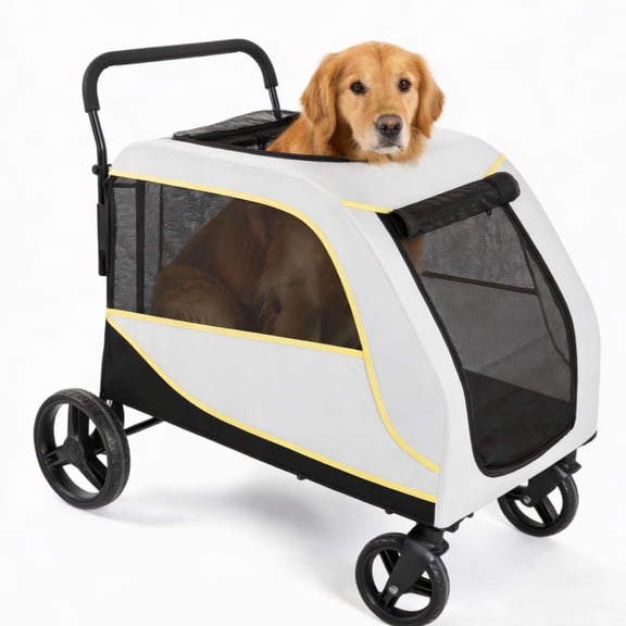 Large 4-Wheel Pet Stroller for Medium & Big Dogs up to 130 Lbs – Foldable Jogger Stroller with Foot Brake, Weather Cover & Storage Basket