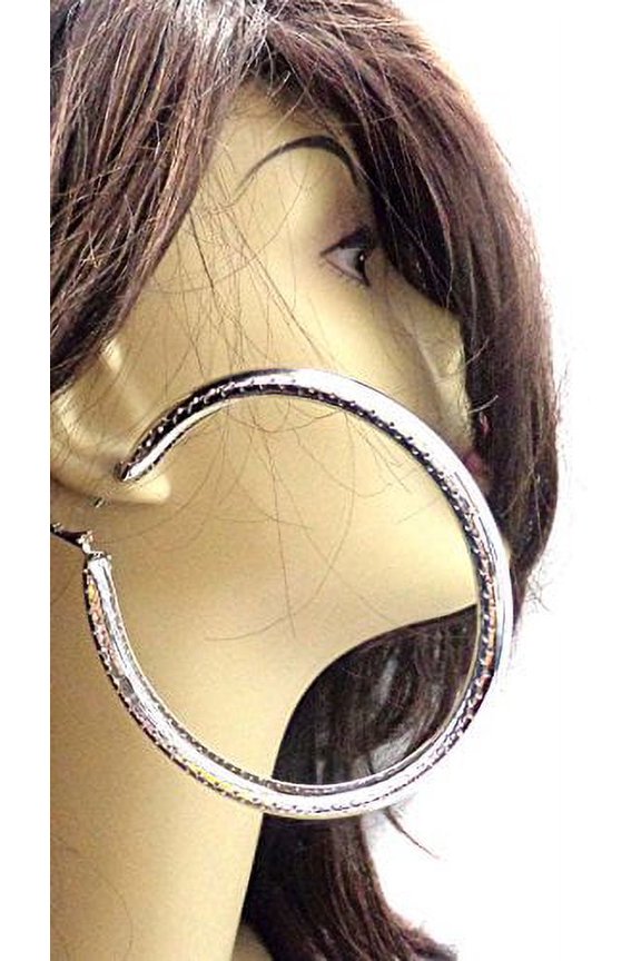 Large 4 inch Hoop Earrings Silver Tone Shiny Dotted Round Hoops