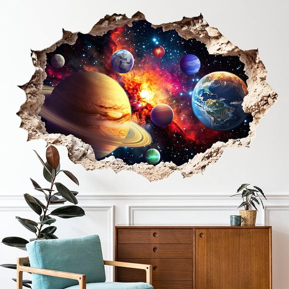 Large 4060cm 3D Hole Painted Space Planet Wall Sticker, Self-Adhesive Galaxy Wall Decal for Living Room Bedroom Background Wall Decor, Removable Nursery Art Poster for Kids Room (One Sheet)