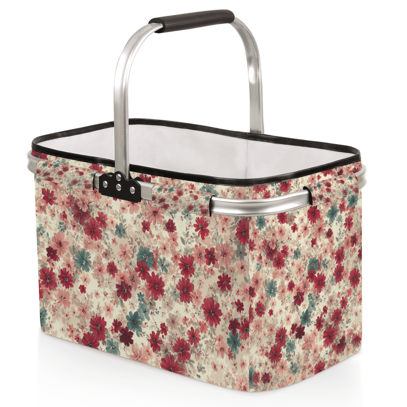 Large 40L Collapsible Market Basket Floral Print Foldable Shopping Tote with Handle for Grocery, Picnic, Beach