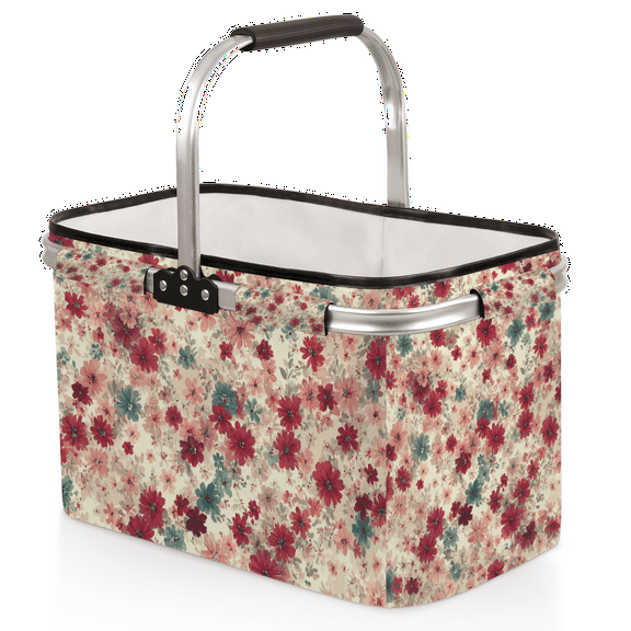 Large 40L Collapsible Market Basket Floral Print Foldable Shopping Tote with Handle for Grocery, Picnic, Beach