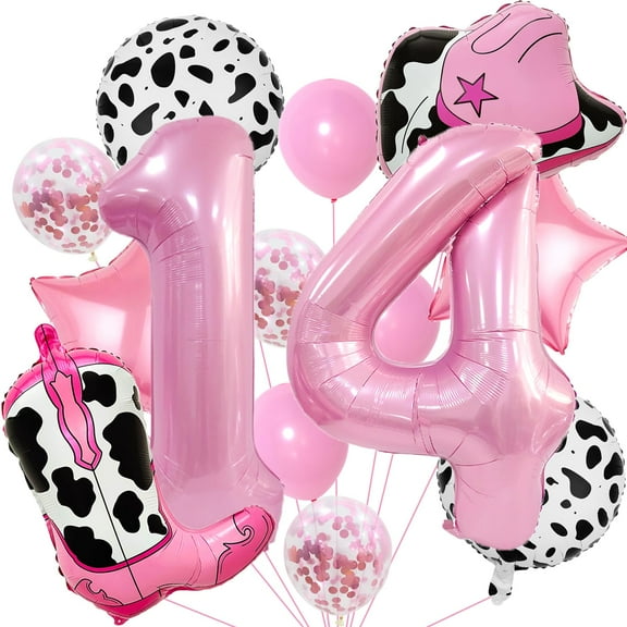 Large 40inch Pink 14 Balloon Numbers KKS1for Cowgirl Birthday Party Decorations, Include Cowgirl Boot Cowgirl Hat Balloon, Happy 14th Birthday Decorations for Girls Her