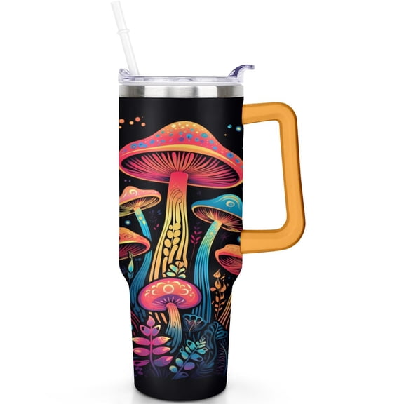 Large 40oz Mushroom Tumbler, Flip Top with Straw, Durable Steel, Perfect for Iced Coffee