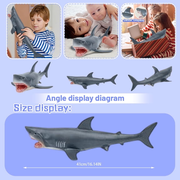 Large 41Cm Great White Shark Ocean Animal Figurine, Soft Rubber Cotton-Stuffed Underwater Creature Replica, Realistic Sea Life Plaything for Kids, toddler interactive Learning &