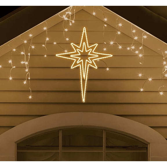 Large 4332 Inch Bethlehem Star neon decor with 216 bright LEDs. Features 11 lighting modes and timer, waterproof for outdoor wall, home and holiday parties.
