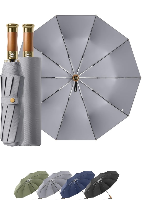 Large 45/50 Inch Rain Cats Windproof Umbrella, 10 Reinforced Fiberglass Ribs Automatic Compact Folding Travel Umbrella, Waterproof Thick Fabric with Ergonomic Wooden Handle