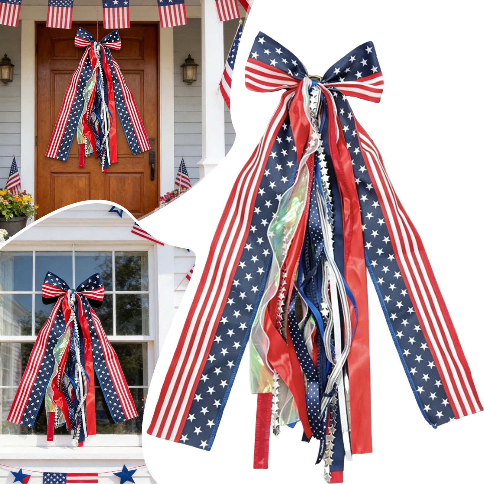 Large 4th of July Wreath Bow 24 Inch Patriotic Ribbon Bow Red White Blue Tree Topper Memorial Day Independence Day Decor for Front Door Indoor Outdoor Home