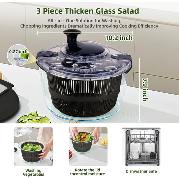 Large 5.2 Qt Glass Salad Spinner Vegetable Dryer with Drain Microwave Safe Dishwasher Safe with Transparent Lid Crank Handle Quick Spin Greens Washer for Lettuce Herbs Fruits (black)