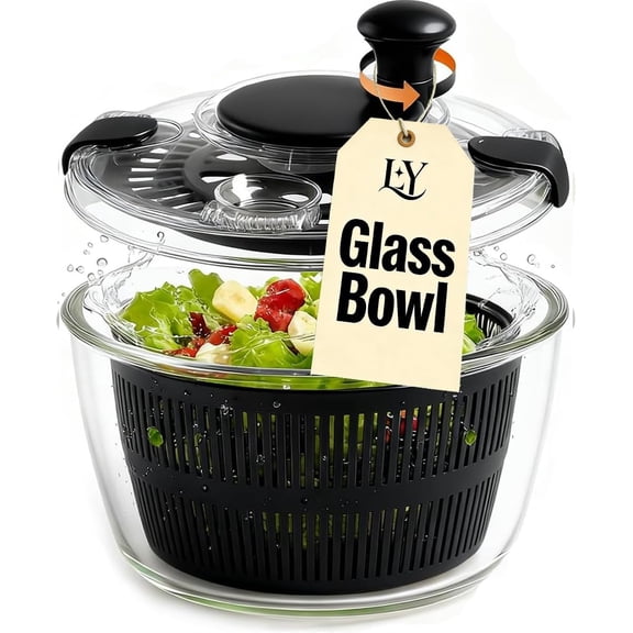 Large 5.2 Qt Glass Salad Spinner Vegetable Dryer with Drain Microwave Safe Dishwasher Transparent Lid Crank Handle Quick Spin Greens Washer for Lettuce Herbs Fruits (black)