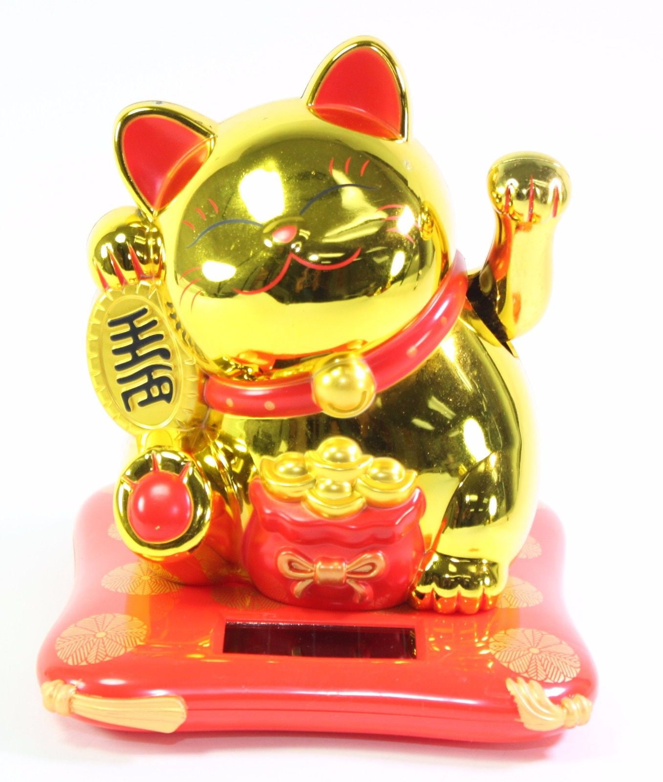 Large 5.5" Lucky Cat Maneki Neko Beckoning Fortune Gold Solar Toy Feng Shui Decor B11633