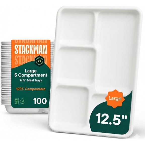 Large 5-Compartment Compostable Bagasse Lunch Tray 12.5 Inch Dinner Tray