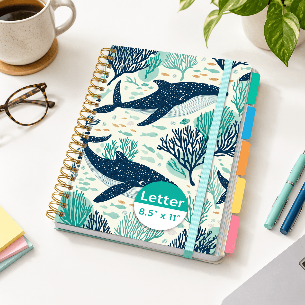 Spinner Notebook Large 5 Subject Spiral Notebook S - Drifting Whales with Removable ...