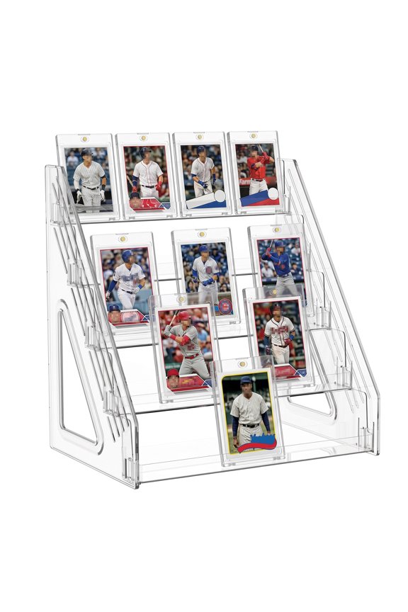 Large 5 Tier Trading Card Display Stand Transparent Vertical Shelf Rack for Collectible Card Slab Postcard and Desk Organisation